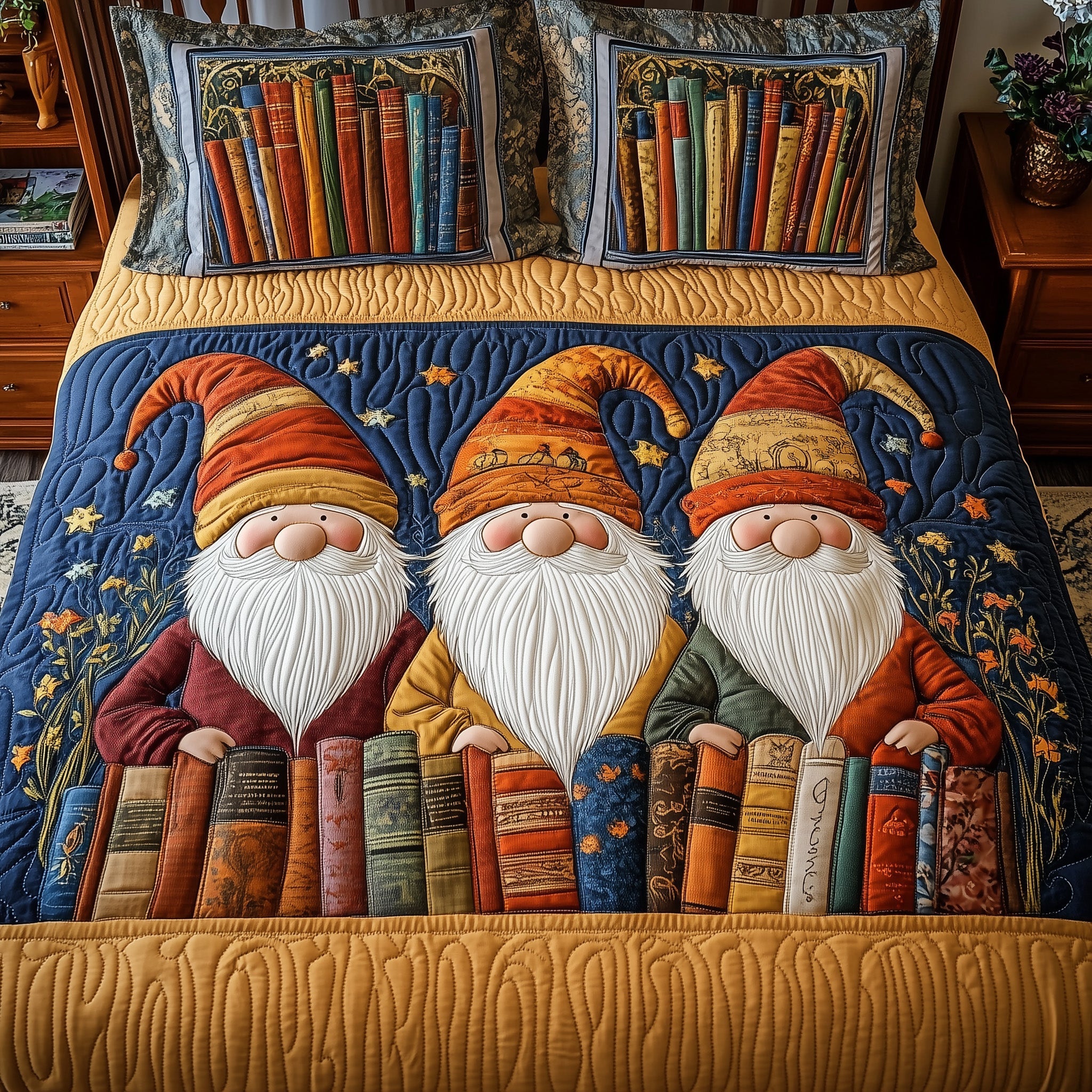 Gnow Librarian Quilted Bedding Set Bookish Forest Friend Unique Autumn Bedroom Gift Ideas