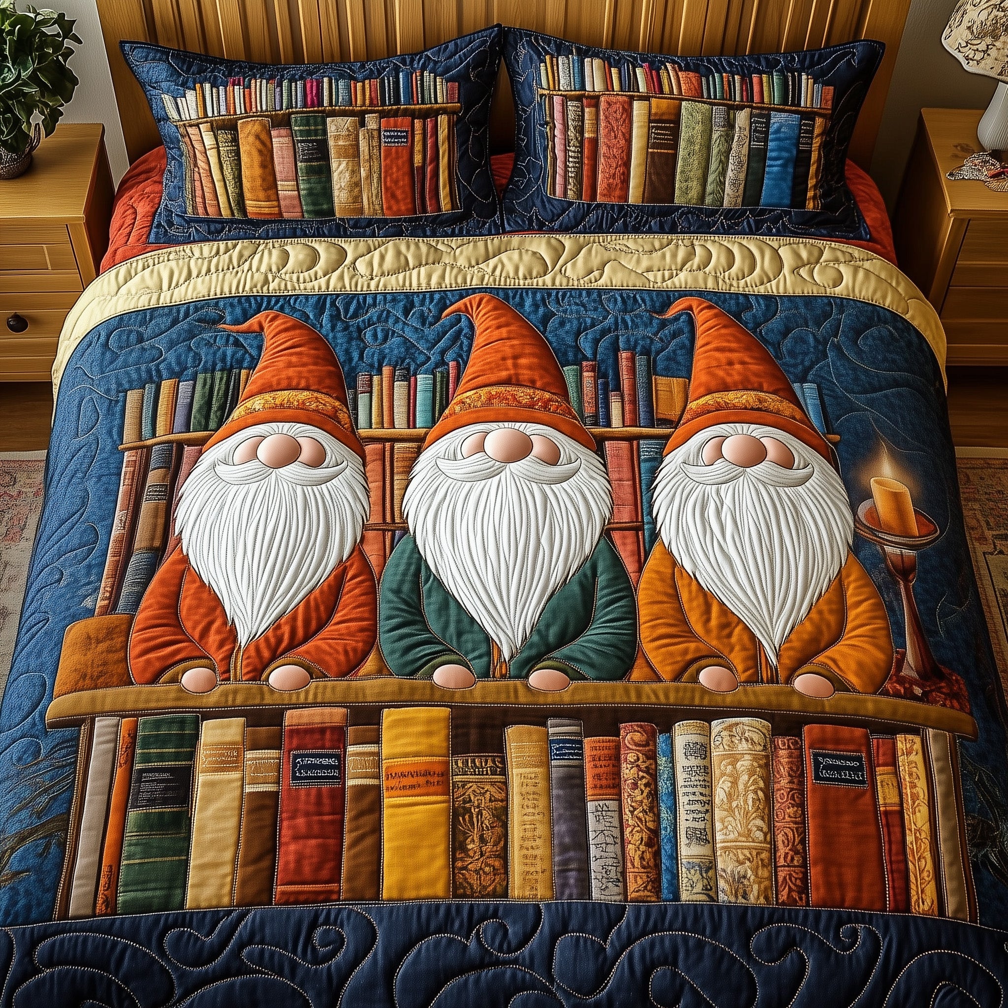 Gnow Librarian Quilted Bedding Set Gnomes With Books Unique Bookish Bedroom Gifts
