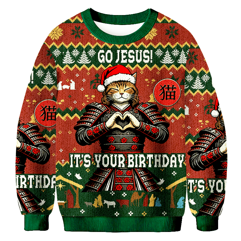 Go Jesus It's Your Birthday Christmas Ugly Sweater Festive Wear Christmas Gifts For Cat Owners
