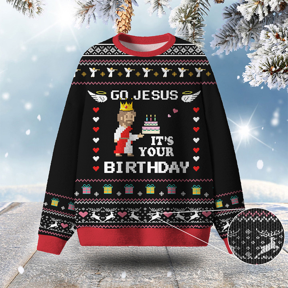 Go Jesus It's Your Birthday Ugly Christmas Sweater Pixel Pattern Xmas Clothing Jesus Gifts