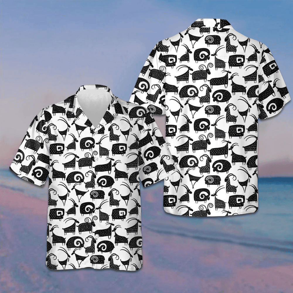 Goat And Ram Seamless Pattern Hawaiian Shirt Black And White Goat Shirt Gifts For Husband