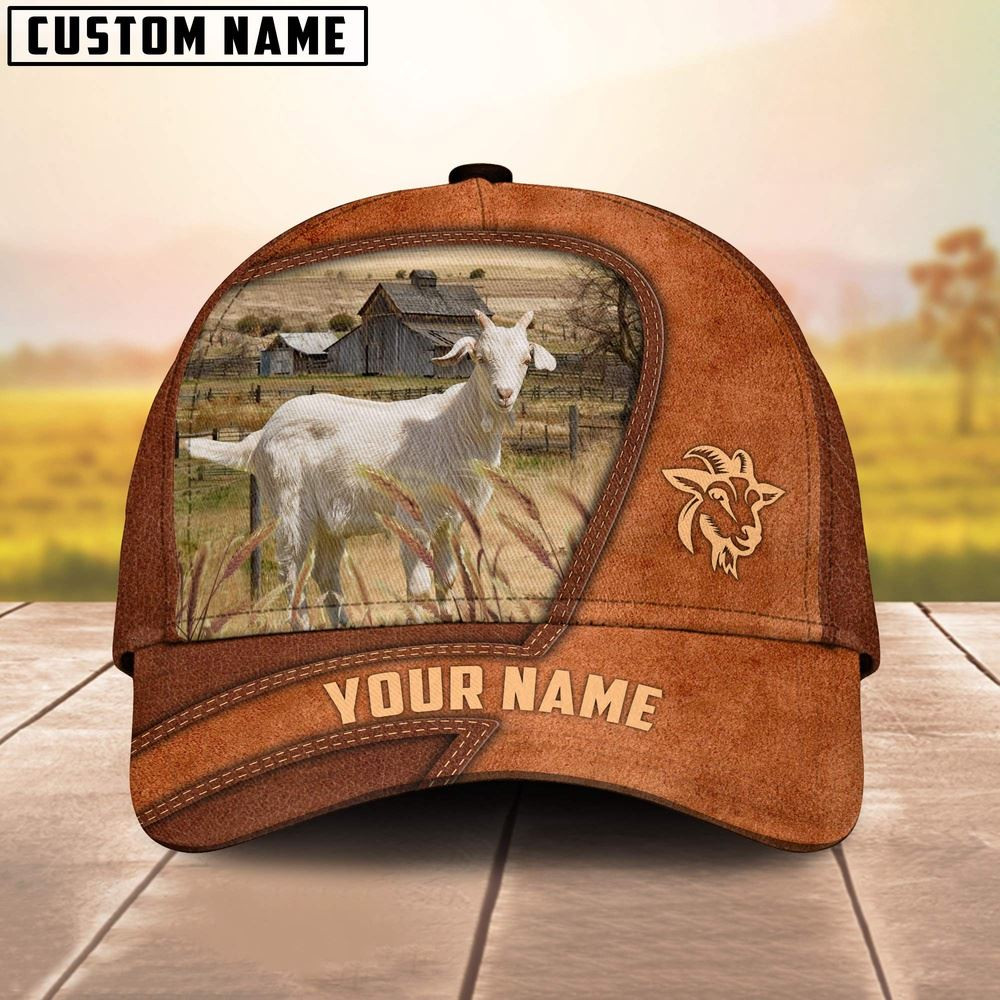 Goat Customized Name Brown Leather Pattern Cap Farm Cap Farmer Baseball Cap Gift For Farmer