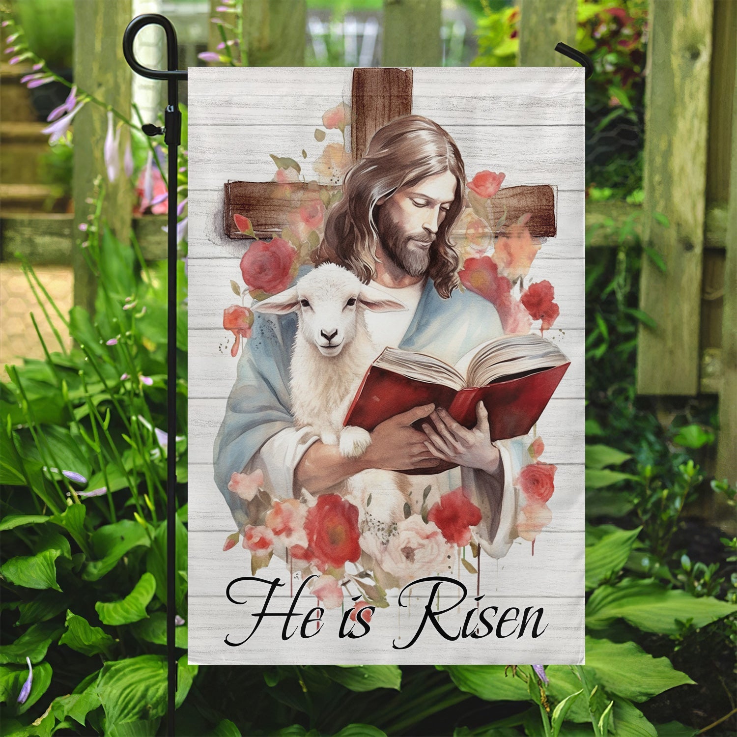 Goat He Is Risen Flag Jesus Hugs A Goat And Reads A Book Home Decor Gift For Jesus Lovers