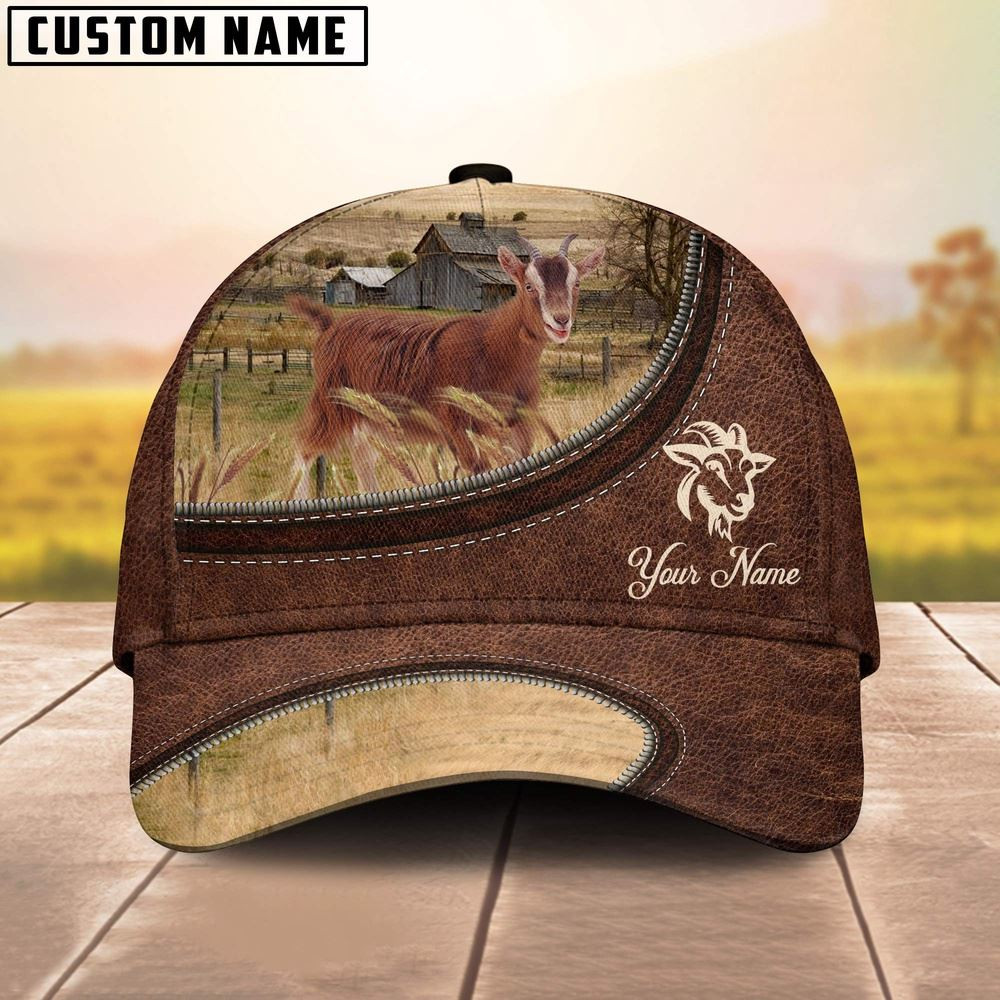 Goat On The Farm Customized Name Leather Pattern Cap Farm Cap Farmer Baseball Cap Gift For Farmer