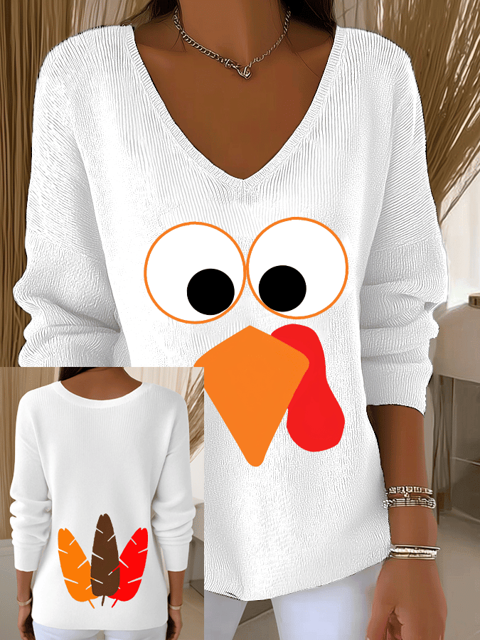 Gobble Thanksgiving Turkey V-Neck Long Sleeve Shirt Cute Turkey Pattern Gifts For Mom