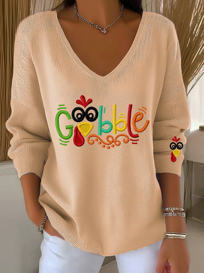 Gobble Turkey Thanksgiving V-Neck Long Sleeve Funny Turkey Apparel Thanksgiving Gifts
