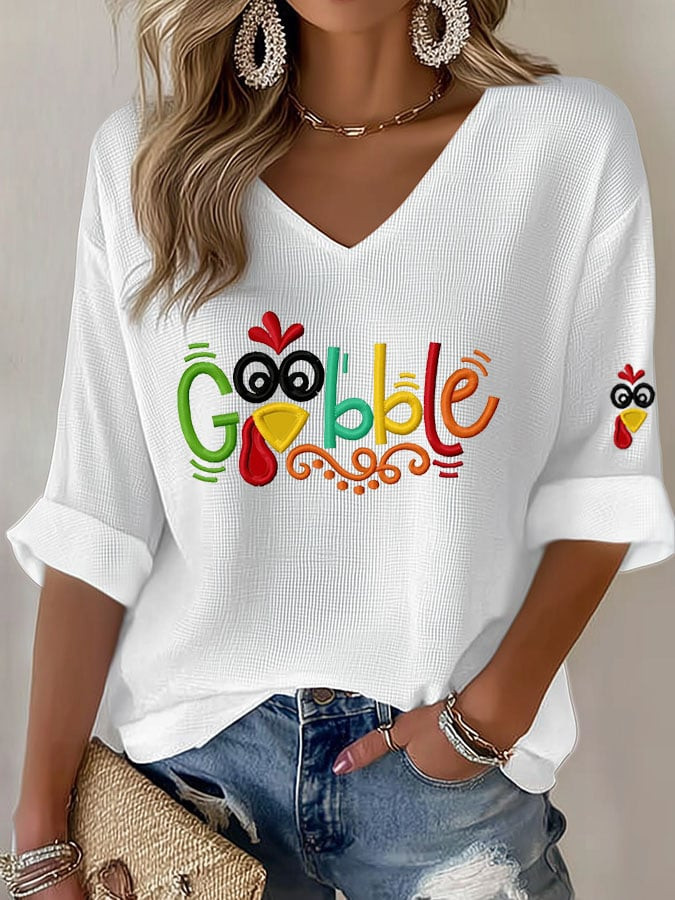 Gobble Turkey Thanksgiving V-Neck Long Sleeve Funny Turkey Apparel Thanksgiving Presents