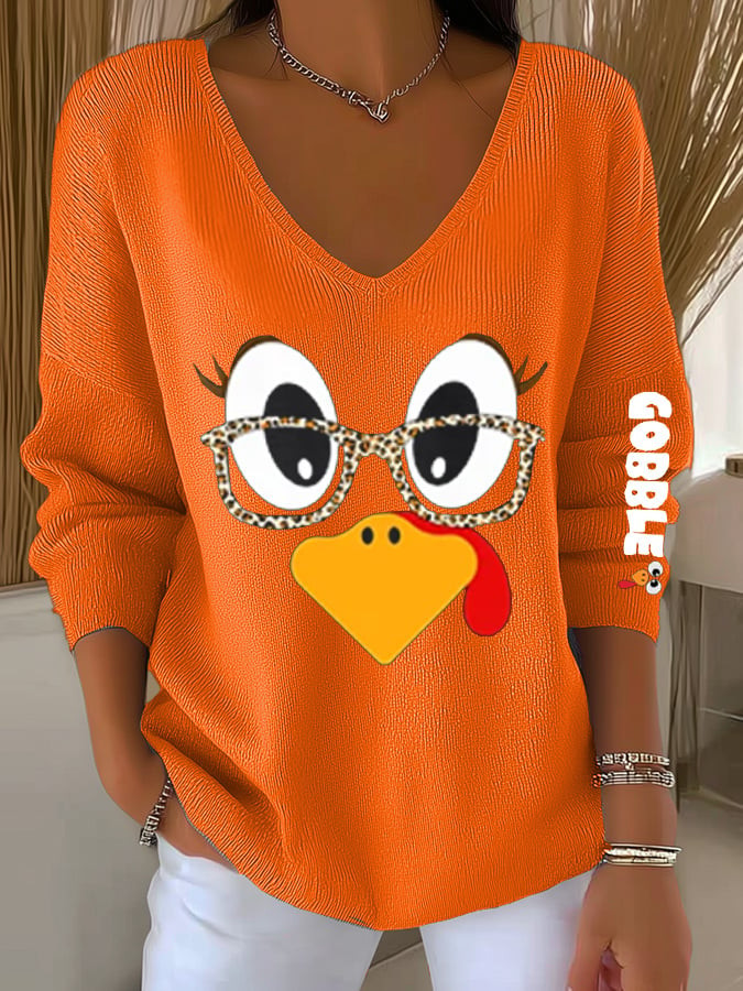 Gobble Turkey Wears Glass V-Neck Long Sleeve Shirt Fall Aesthetic Merch Best Thanksgiving Gifts