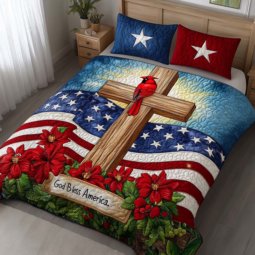 God Bless America Quilted Bedding Set Cozy Bedroom Decor Christian Teacher Gifts