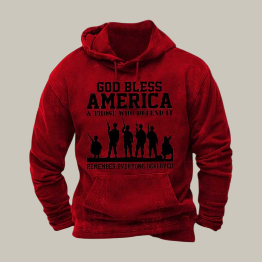 God Bless America RED Hoodie Remember Everyone Deployed Hooded Sweatshirt Husband Gift Idea