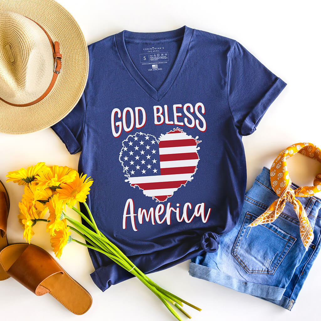 God Bless America V-Neck Shirt Gift For Women