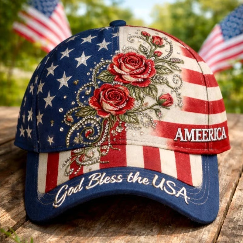 God Bless The USA Baseball Cap Rose Rhinestone Hat Patriotic Gift For Women