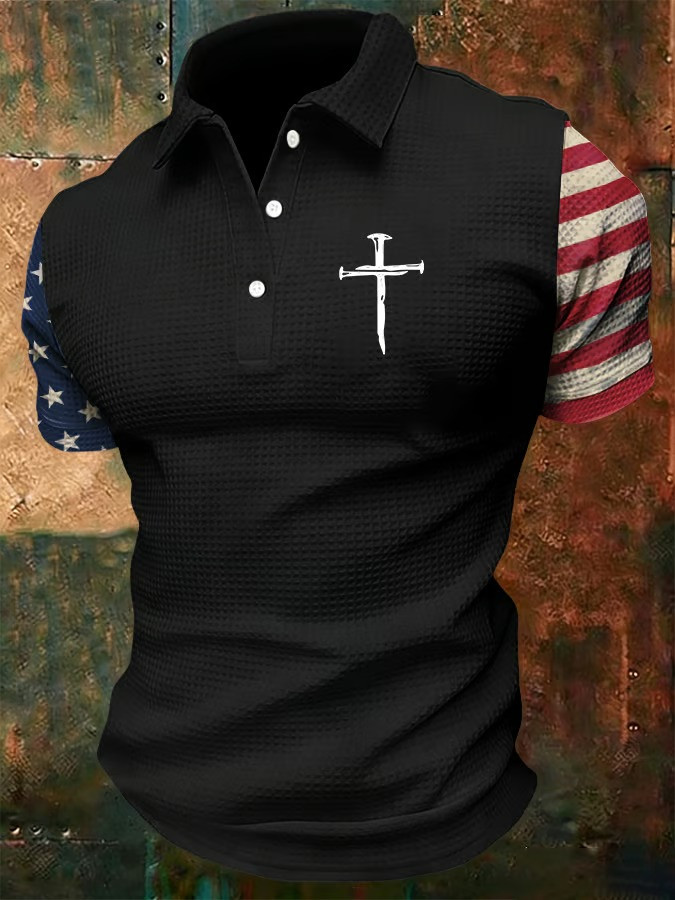 God Cross Patriotic Polo Shirt American Flag Sleeve Christian Faith Apparel Best Gift For Believers