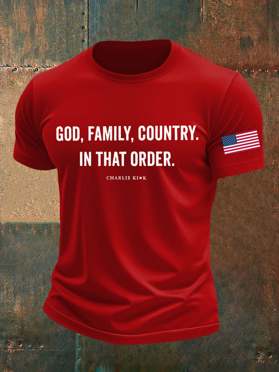 God Family Country In That Order Printed T Shirt Pure Red Charlie Kirk 77 Clothing
