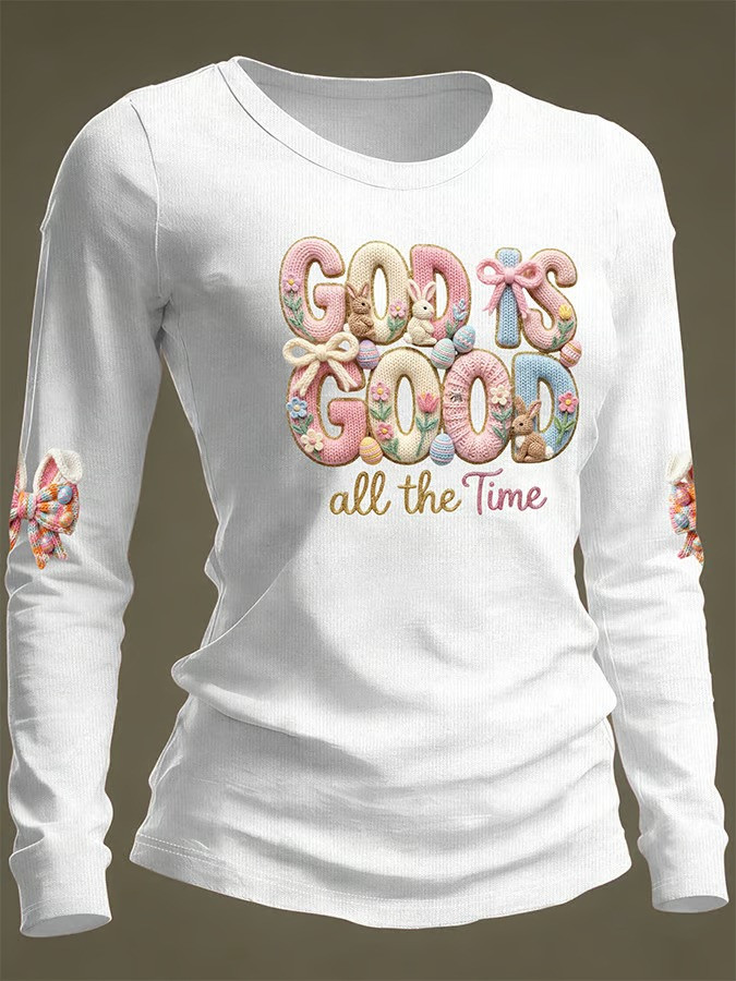 God Is Good All The Time Easter Long Sleeve Shirt Crochet Bunny Bow Best Gift For Easter Christian Fans