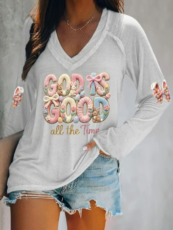 God Is Good All The Time Easter V-Neck Long Sleeve Shirt Bunny Crochet Fan Best Gift For Easter Lovers
