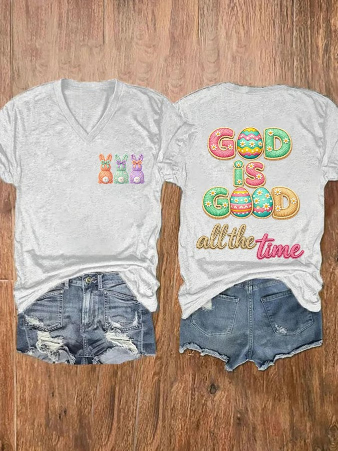 God Is Good All The Time Easter V-Neck Shirt Bunny Trio Back Fan Gear Best Gift For Easter Christian Fans