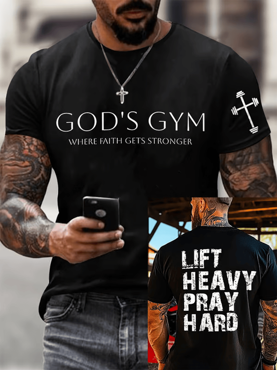 God's Gym T-Shirt Faith Based Christian Tee Lift Heavy Pray Hard Christian Shirt Gift For Men