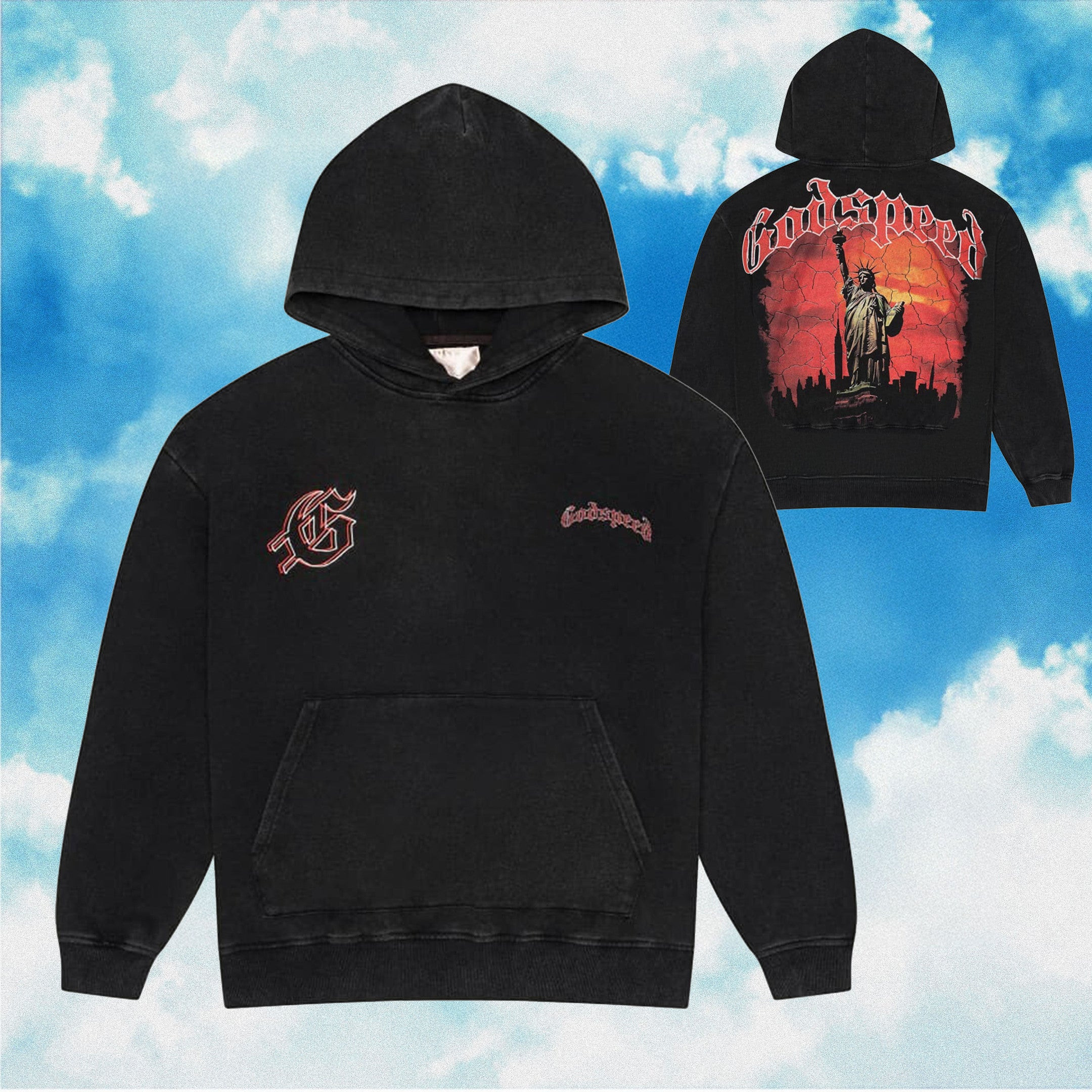 Godspeed Hoodie State Of Liberty Red Day Black Wash Hoodie Streetwear Clothing Godspeed Hoodie State Of Liberty Red Day Black Wash Hoodie Streetwear Clothing