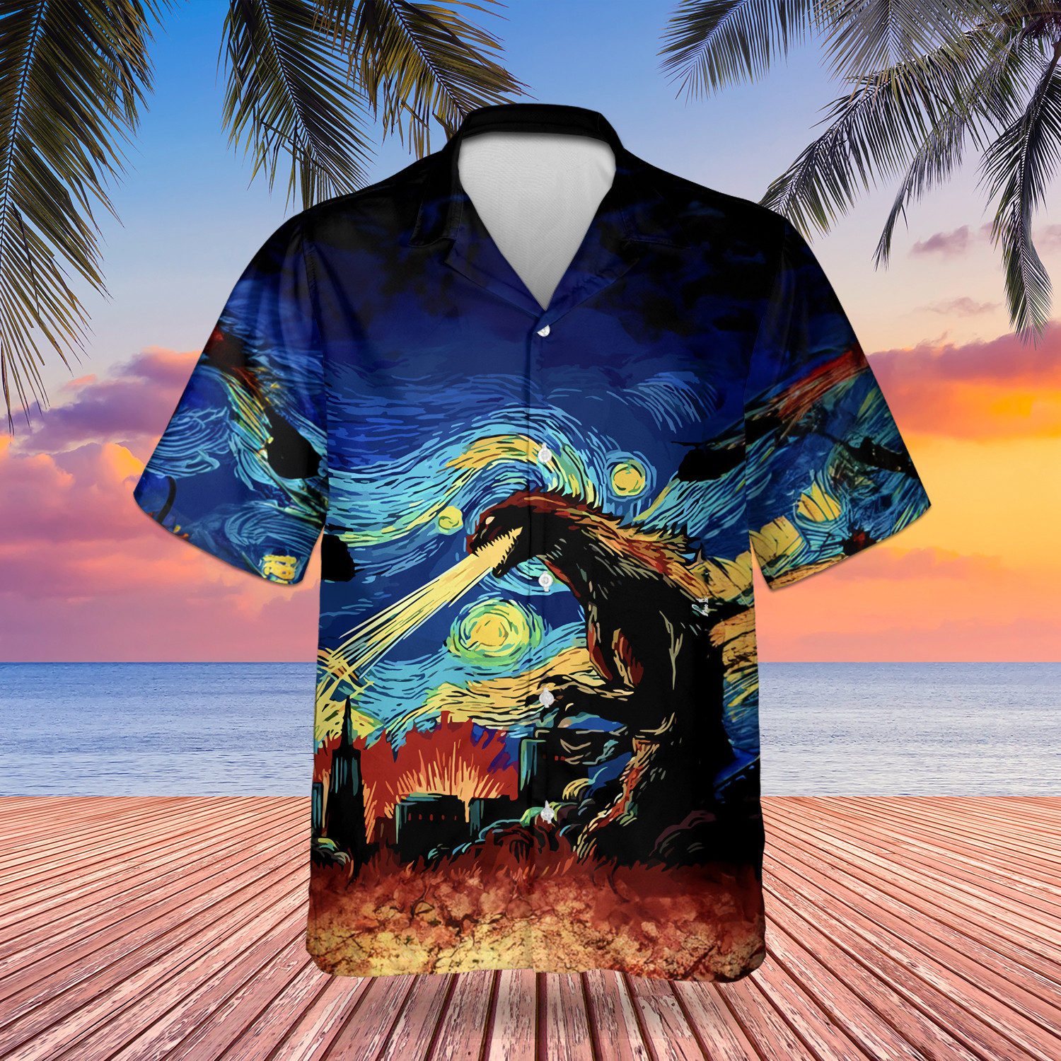 Godzilla Starry Night Art Hawaiian Shirt Van Gogh Unique Graphic Shirt Gifts For Husband