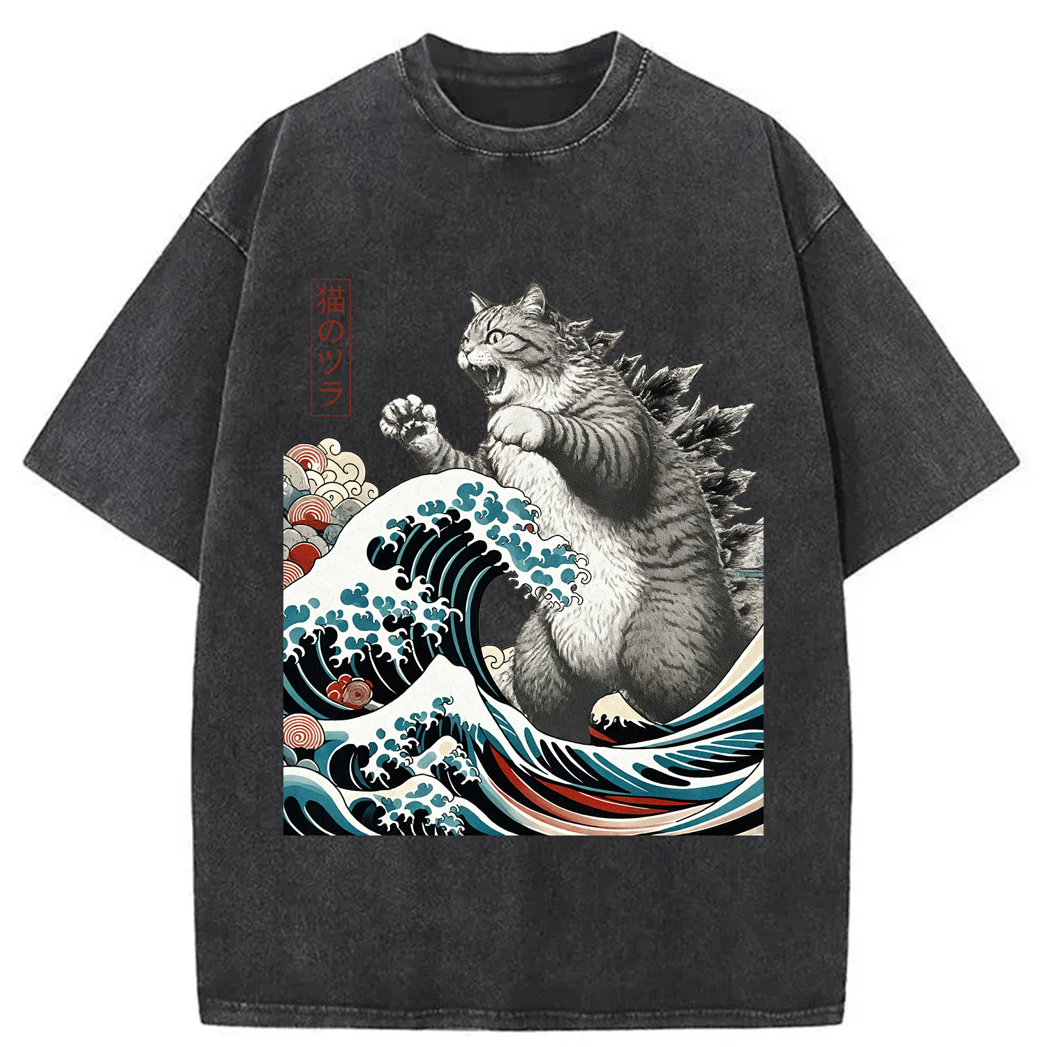 Godzilla Ukiyoe Great Wave Vintage Japanese Design Washed T-Shirt Retro Streetwear Graphic Top Gifts For Besties