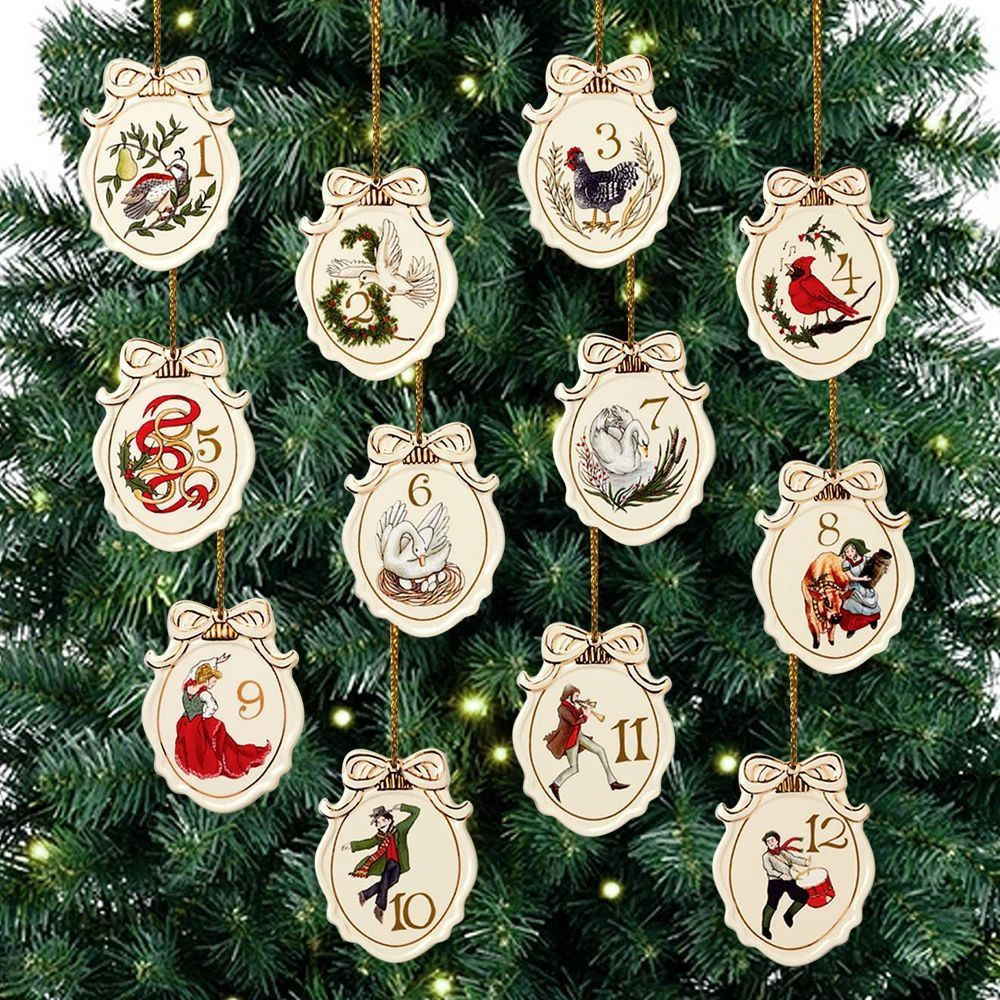 Gold 12 Piece Twelve Days of Christmas Hanging Figurine Ornament Set