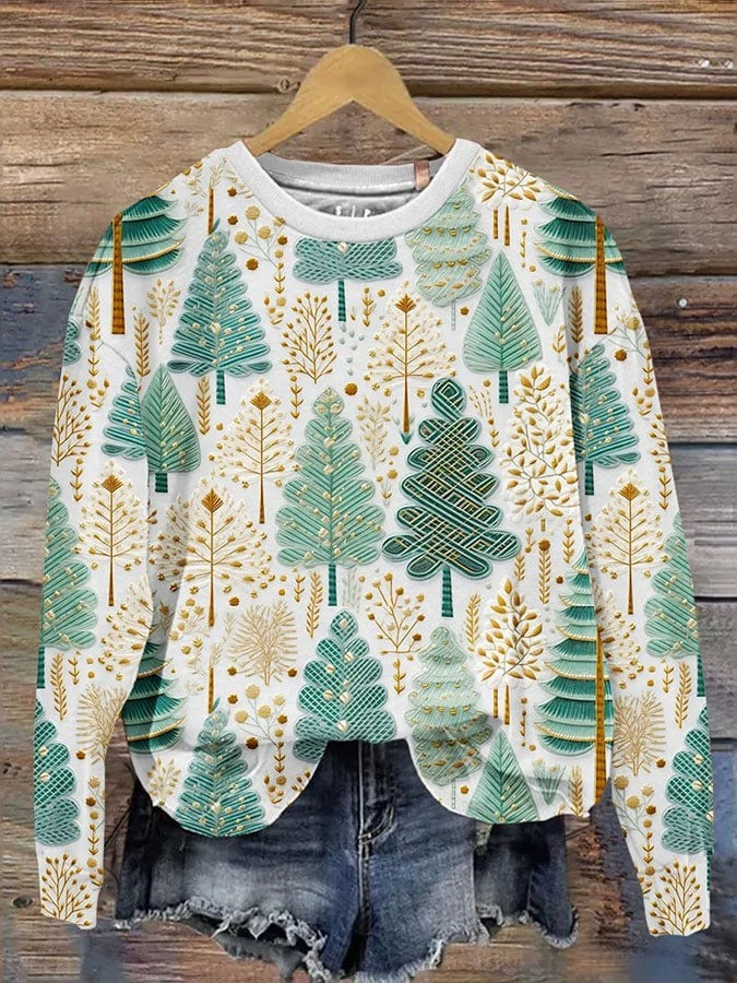 Gold And Green Pine Tree Christmas Sweatshirt Cozy Winter Holiday Clothes Xmas Gifts For Her