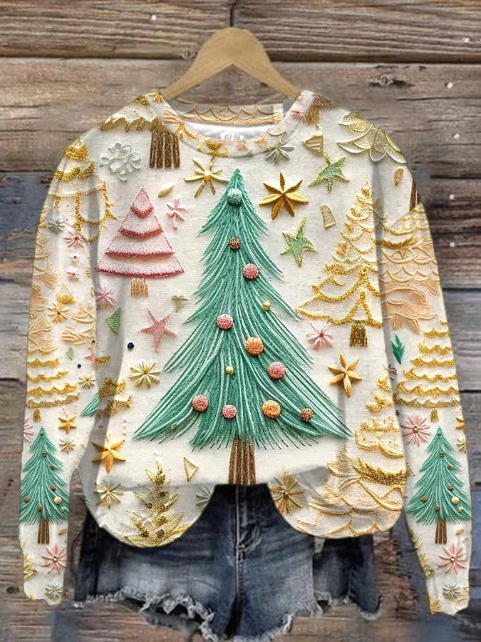 Gold And Green Pine Tree Christmas Sweatshirt Snowflake Eye Catching Clothes Xmas Gift Ideas