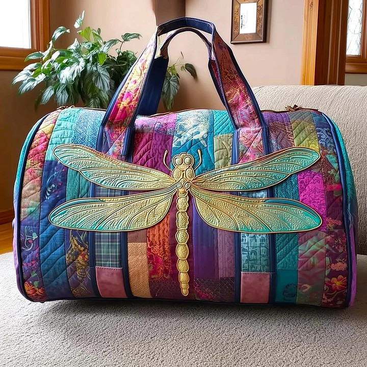 Gold Dragonfly Patchwork Quilted Duffle Bag Nature Travel Bag Best Gift For Dragonfly Lovers