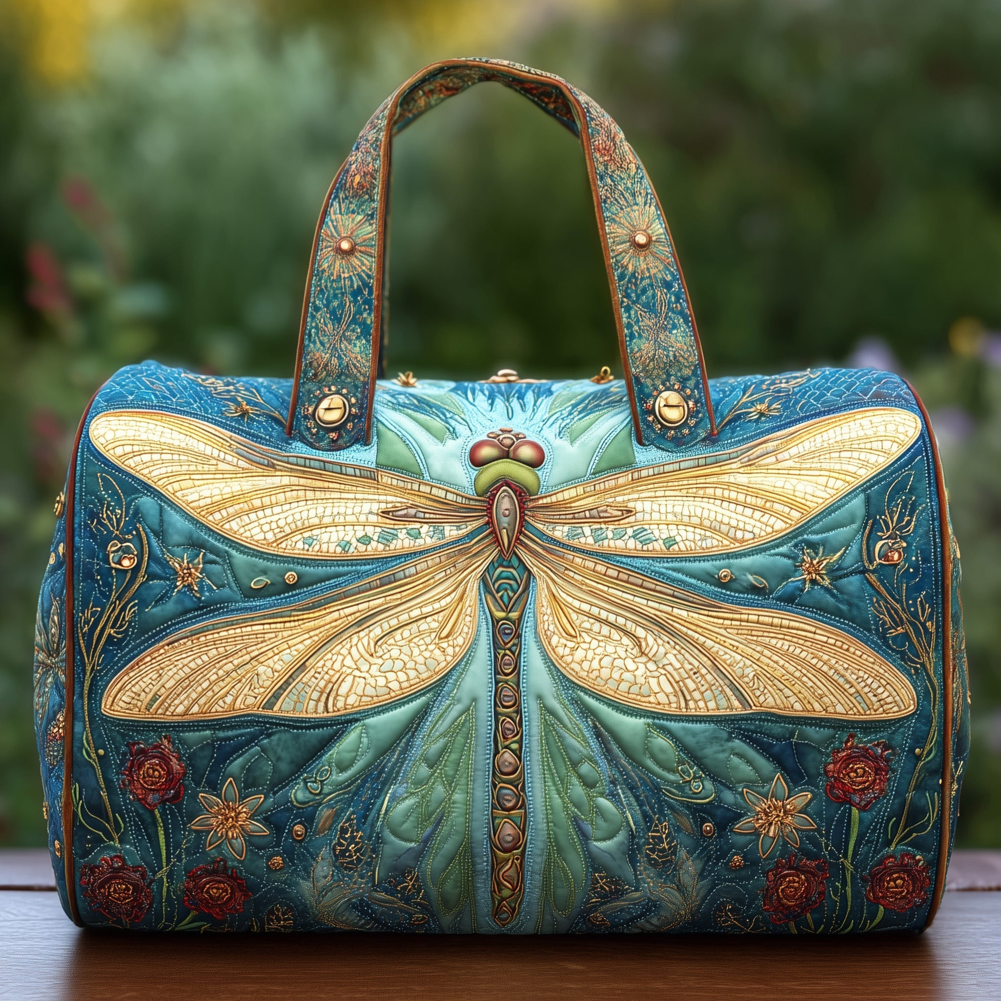 Gold Dragonfly Quilted Duffle Bag Teal Art Deco Floral Rose Best Gift For Nature Lovers
