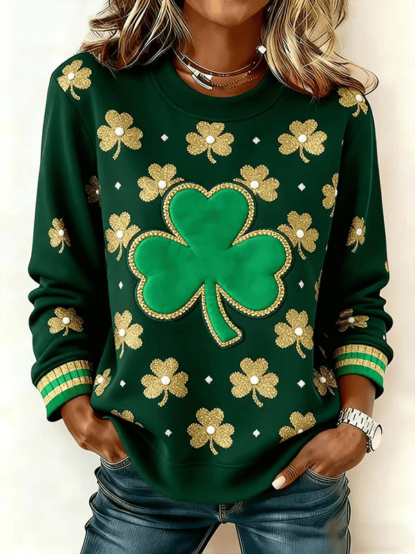 Gold Glitter Shamrock Women Sweatshirt St Patrick's Day Dark Green Lucky Irish Party Outfit