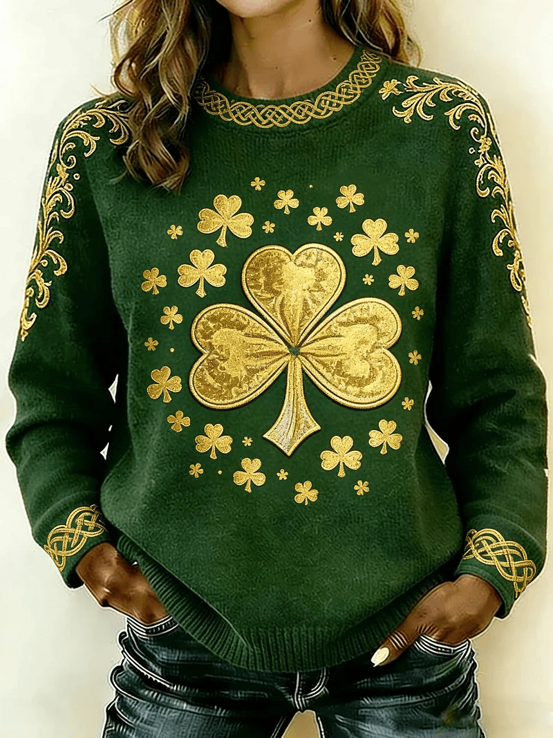 Gold Shamrock Celtic Knit Sweater St Patrick's Day Women Dark Green Lucky Irish Party Outfit