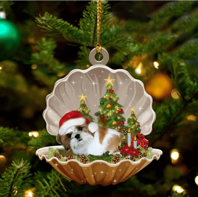 Gold White Shih Tzu Sleeping in Pearl Dog Christmas Ornament Flat Acrylic
