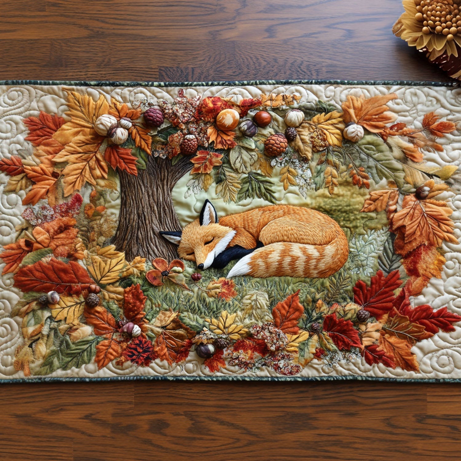 Golden Autumn Fox Quilted Table Runner Fall Table Runner Cute Fox Themed Gifts