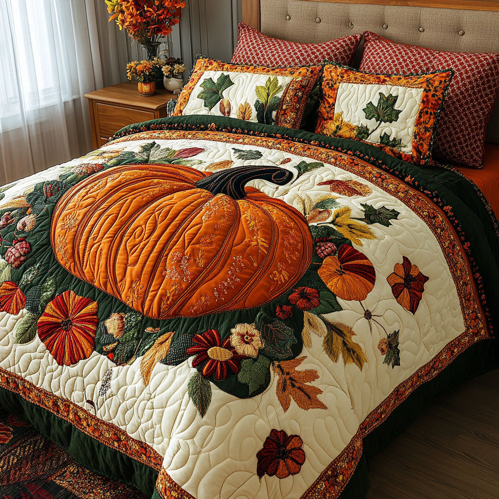 Golden Autumn Pumpkins Quilted Bedding Set Bed Room Decoration Gift For Mid Autumn Festival