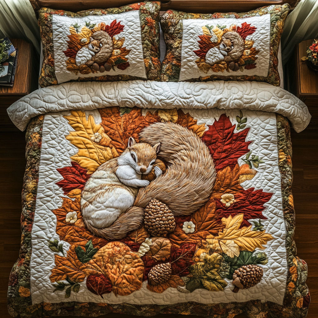 Golden Autumn Squirrel Quilted Bedding Set Best Bed Sheet Set Cute Bear Themed Presents
