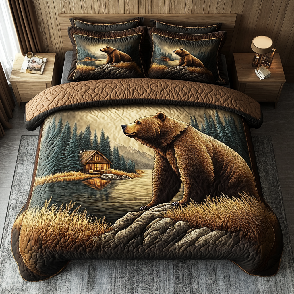 Golden Bear Quilted Bedding Set Bedroom Decorations Bear Lovers Gifts For Him