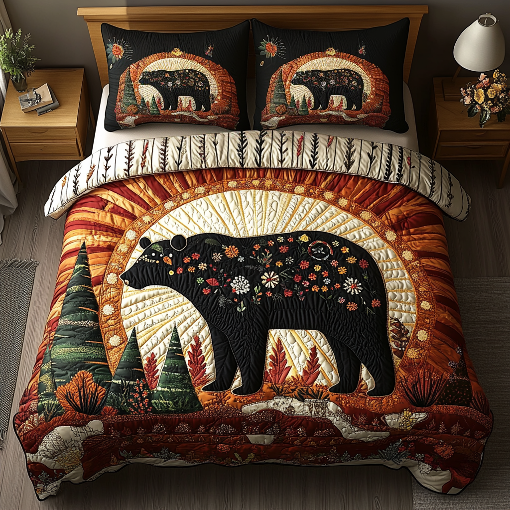 Golden Bear Quilted Bedding Set Cute Bedroom Decor Nature Lover Gift Ideas