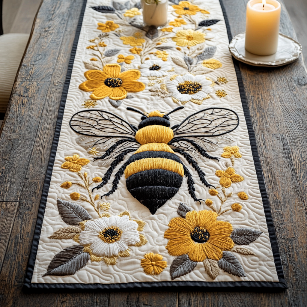 Golden Bee Quilted Table Runner Floral Table Runner Birthday Presents For Dad