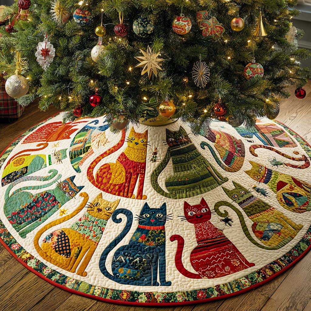 Golden Bell Cat Circle Quilted Tree Skirt Holiday Decorations Christmas Gifts For Cat Lovers