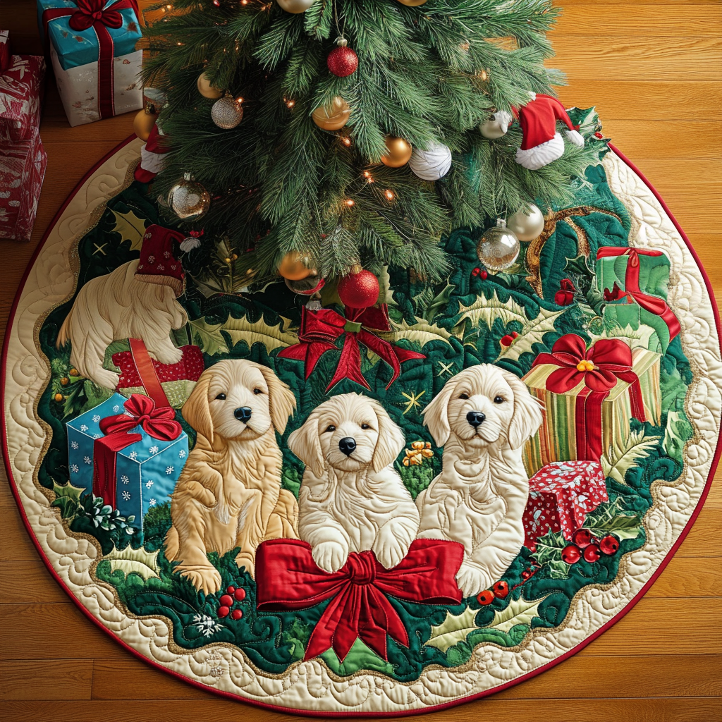 Golden Bells Are Ringing Chritstmas Quilted Tree Skirt Magical Christmas Tree Skirt to Impress Guests