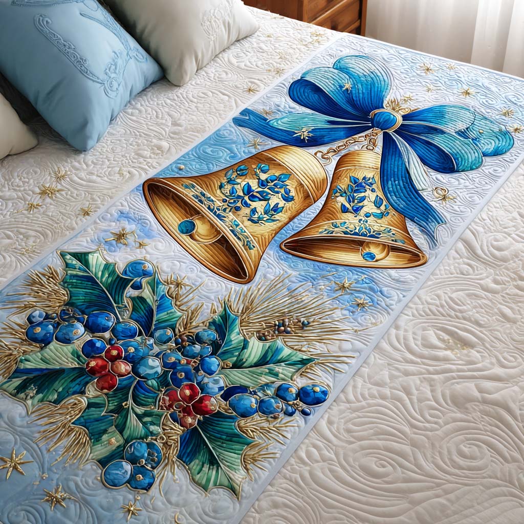Golden Bells Quilted Bed Runner Christmas Bed Decor Xmas Gifts