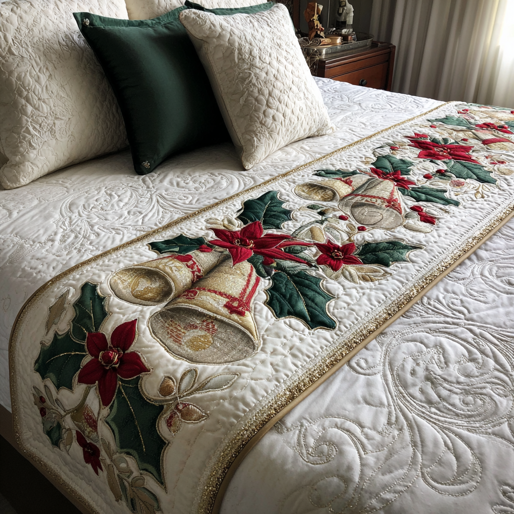 Golden Bells Quilted Bed Runner Christmas Decorations Xmas Gift Ideas