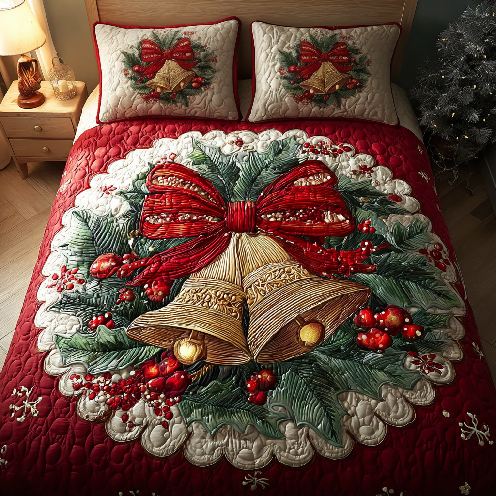 Golden Bells Quilted Bedding Set Xmas Duvet Sets Family Xmas Presents