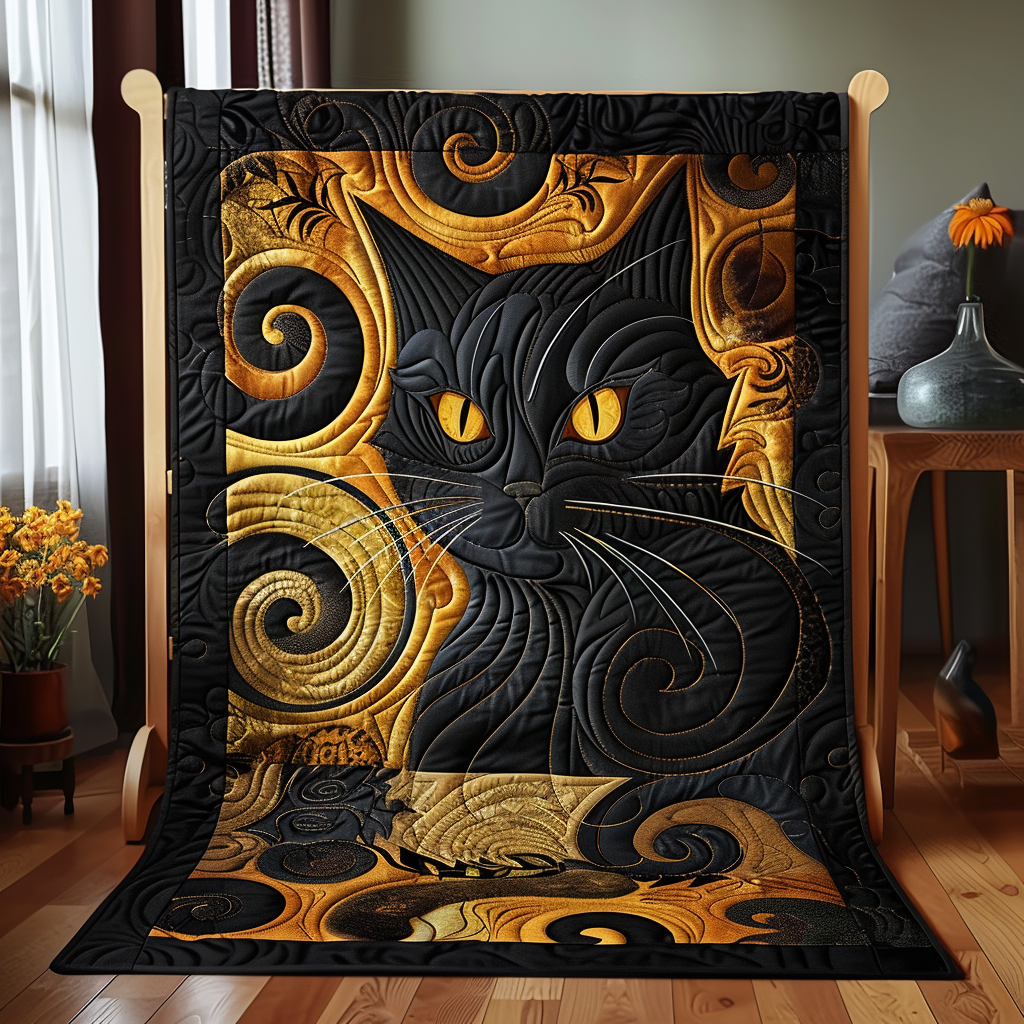 Golden Black Cat Quilted Blanket Unique Cat Gifts