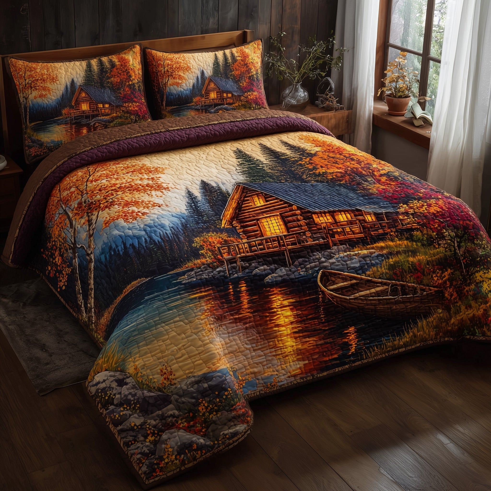 Golden Bloom Cabin Quilted Bedding Set Rustic Floral Bedroom Decor Gift For Nature Lovers