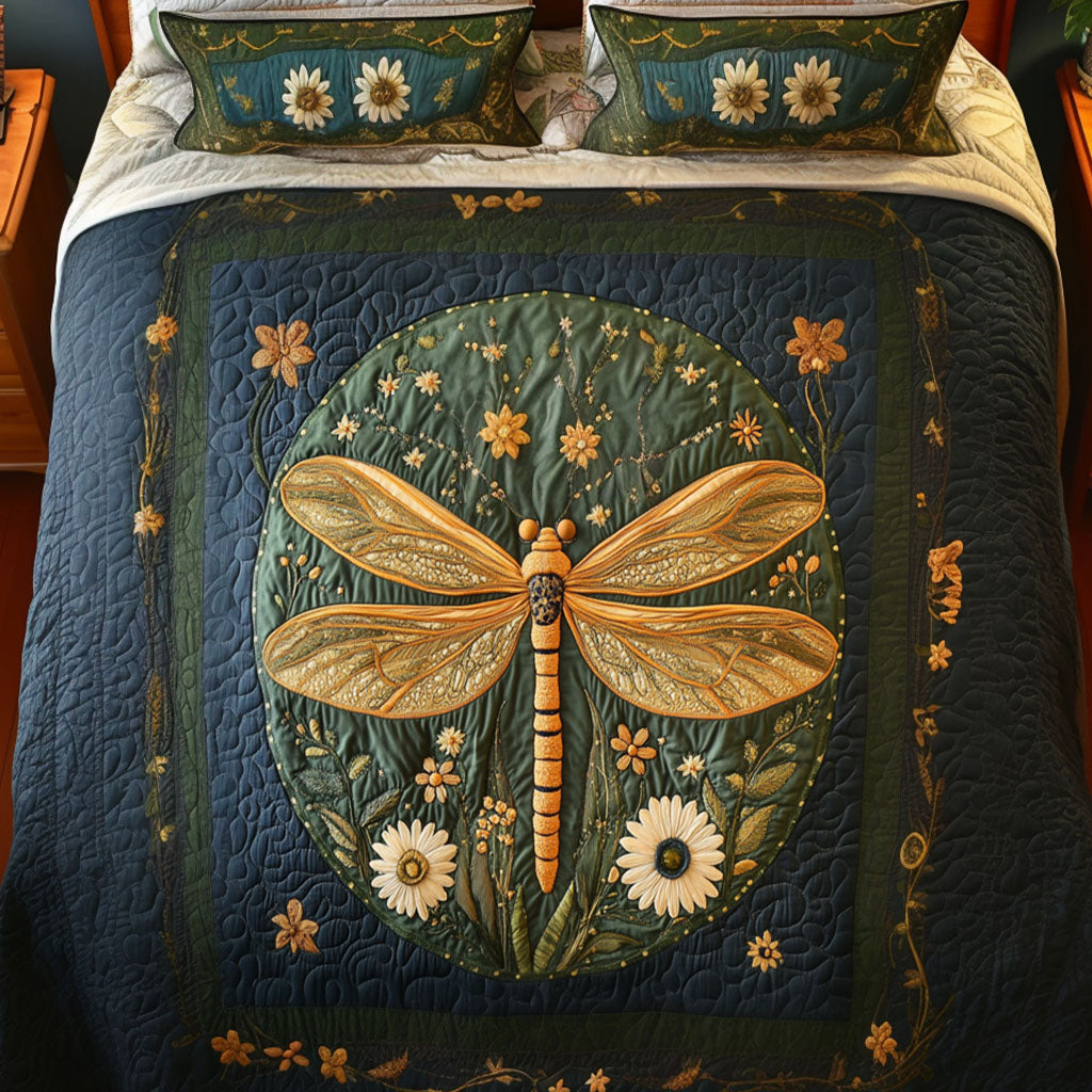 Golden Bloom Quilted Bedding Set Bed Decorations Dragonfly Gifts For Her
