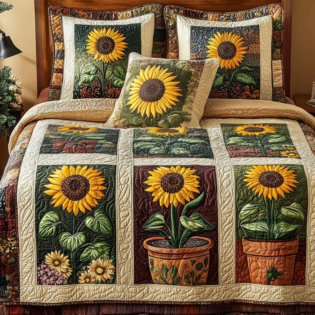 Golden Bloom Quilted Bedding Set Bed Decorations Sunflower Theme Gifts
