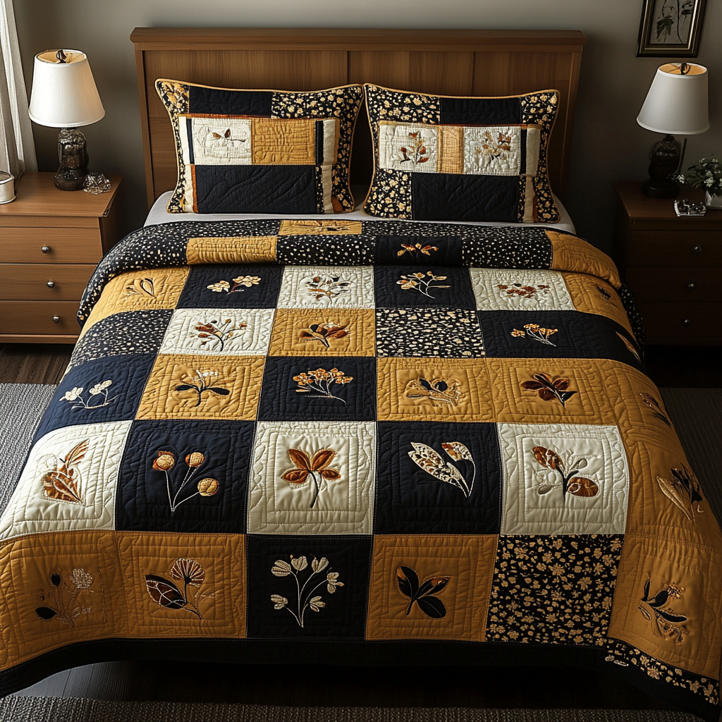 Golden Bloom Quilted Bedding Set Bedroom Decor Christmas Flower Gifts