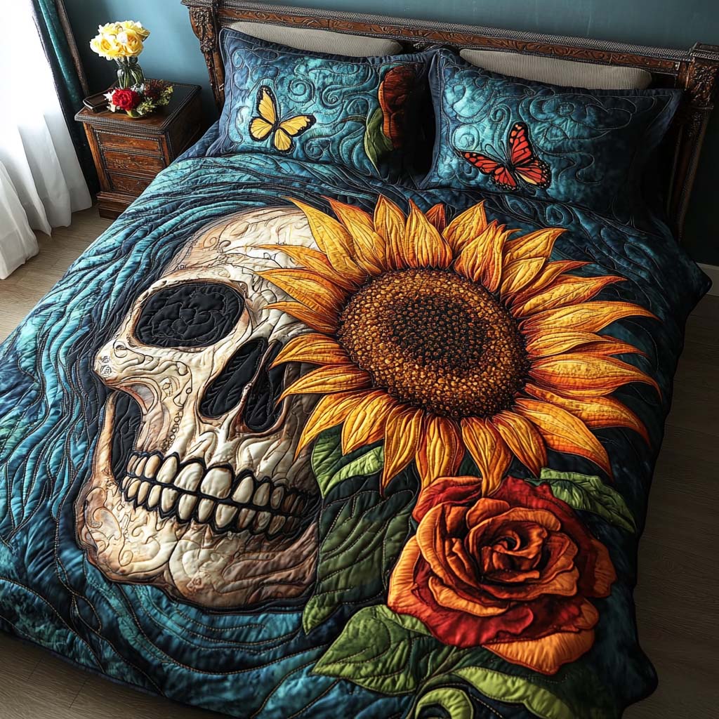 Golden Bloom Quilted Bedding Set Cute Room Decor Gifts For People Who Like Skulls